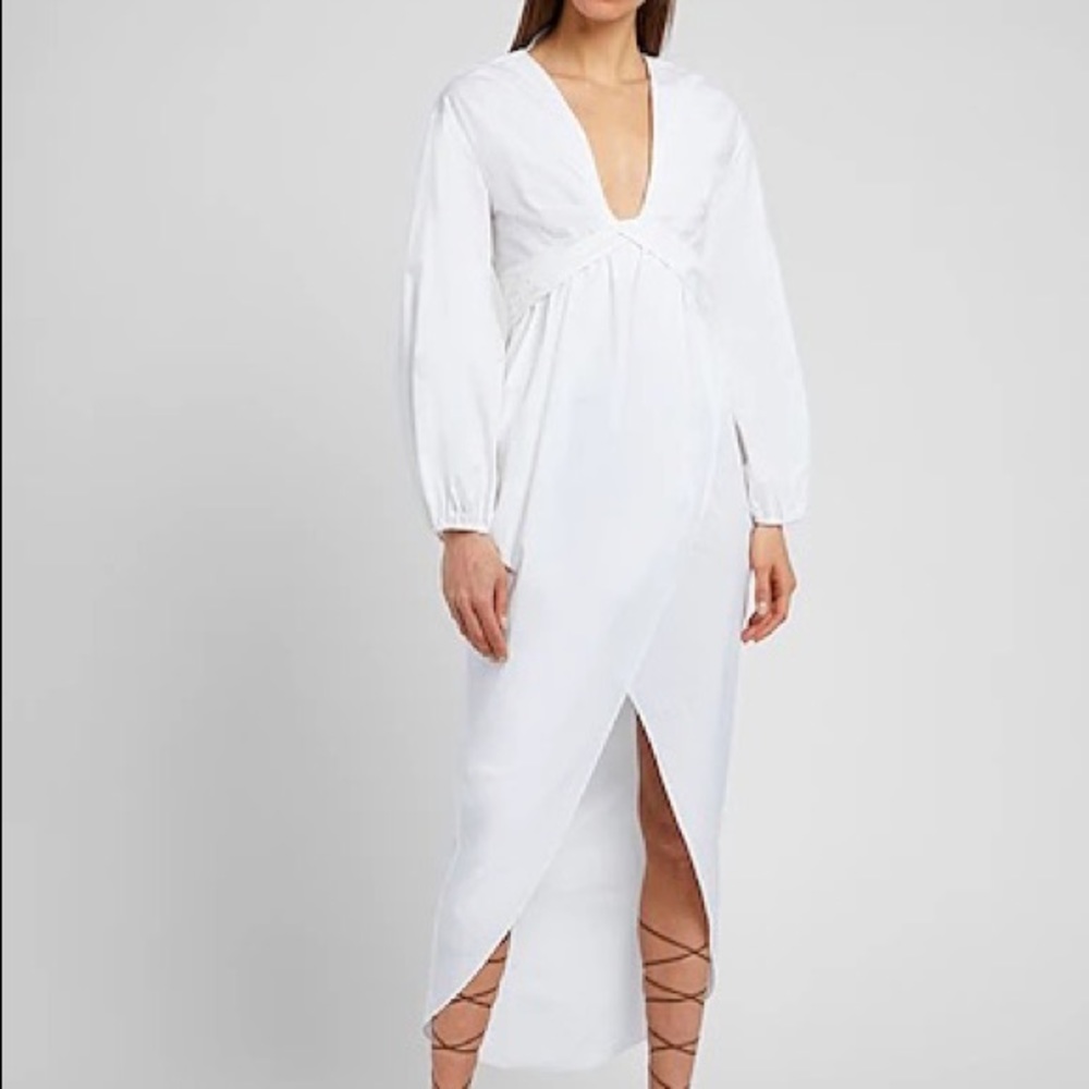 8 by YOOX COTTON BISHOP SLEEVES DEEP V-NECK MAXI DRESS White 10 Label:46 IT